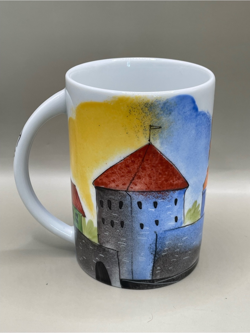 Helina Tilk Hand Painted Ceramic Estonia Old Town Tallinn Coffee Tea 4” Mug